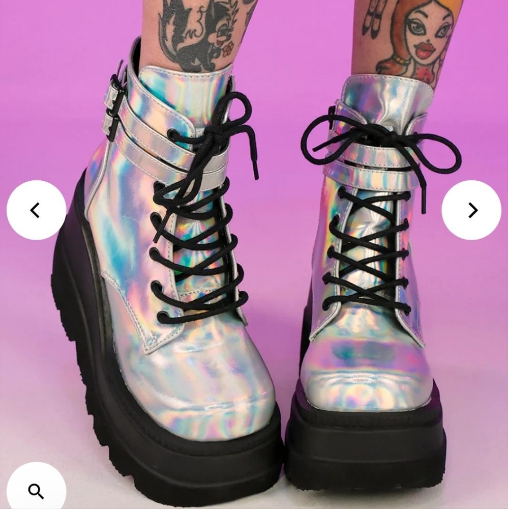 Demonia Holo Silver Stacked Platform - Holo boots size 11